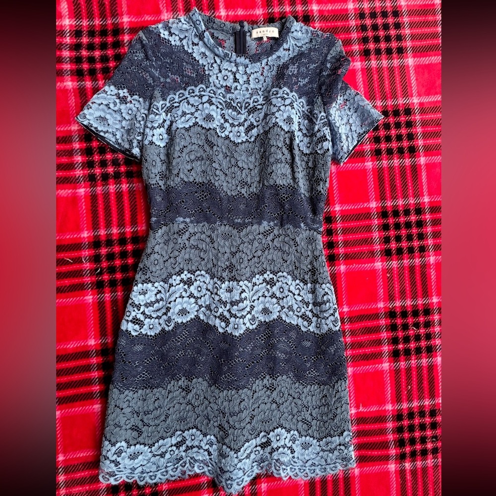 Sandro Blue and Gray Lace Mini Dress